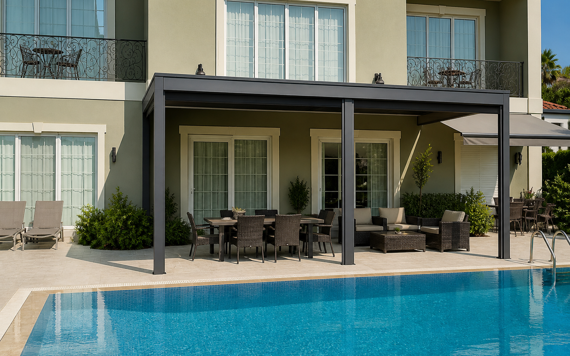 Villa havuzunda zip perdeli biyoklimatik pergola