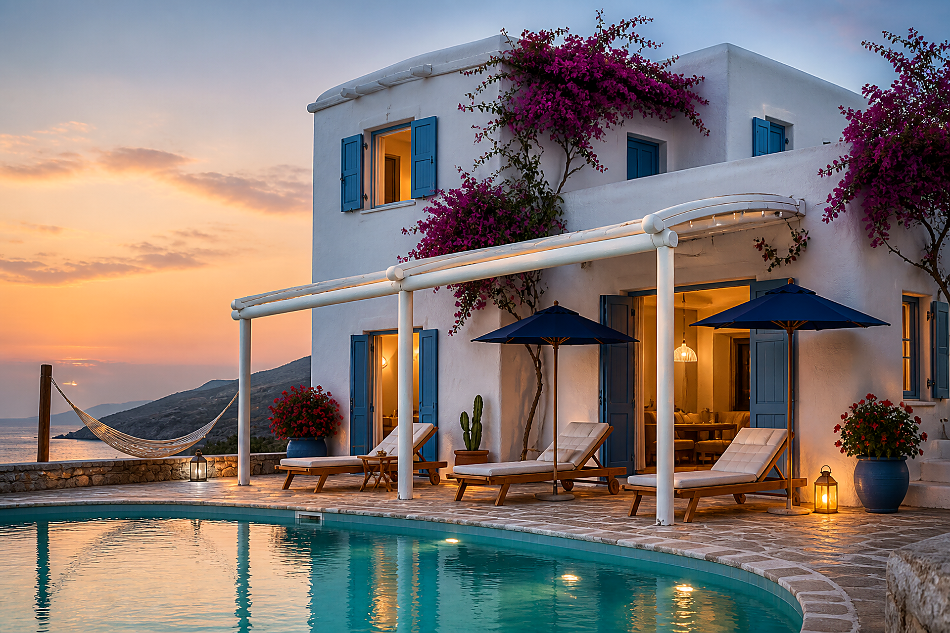 Pergola Nova Lux — Ege evi havuz başında beyaz kavisli pergola