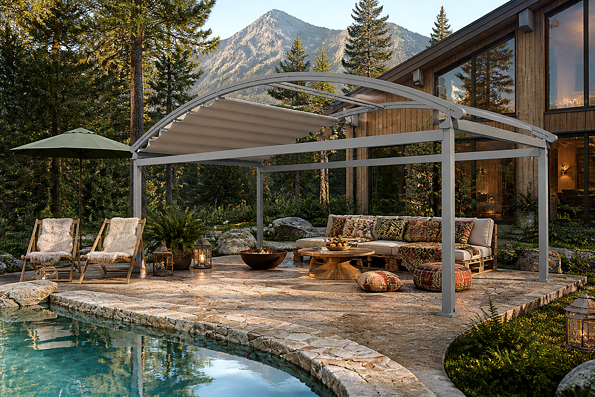 Pergola Solis — Dağ evi bahçesinde bağımsız kavisli pergola