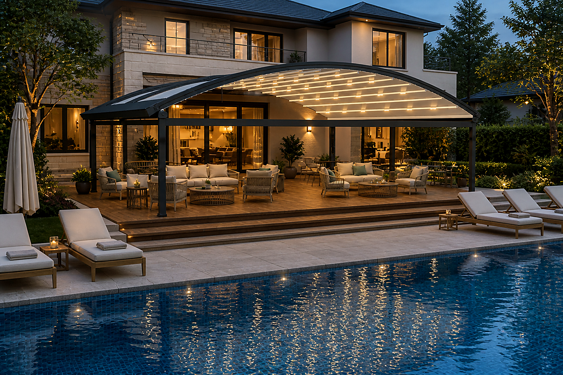 Villa bahçesinde havuz kenarı kavisli pergola uygulaması
