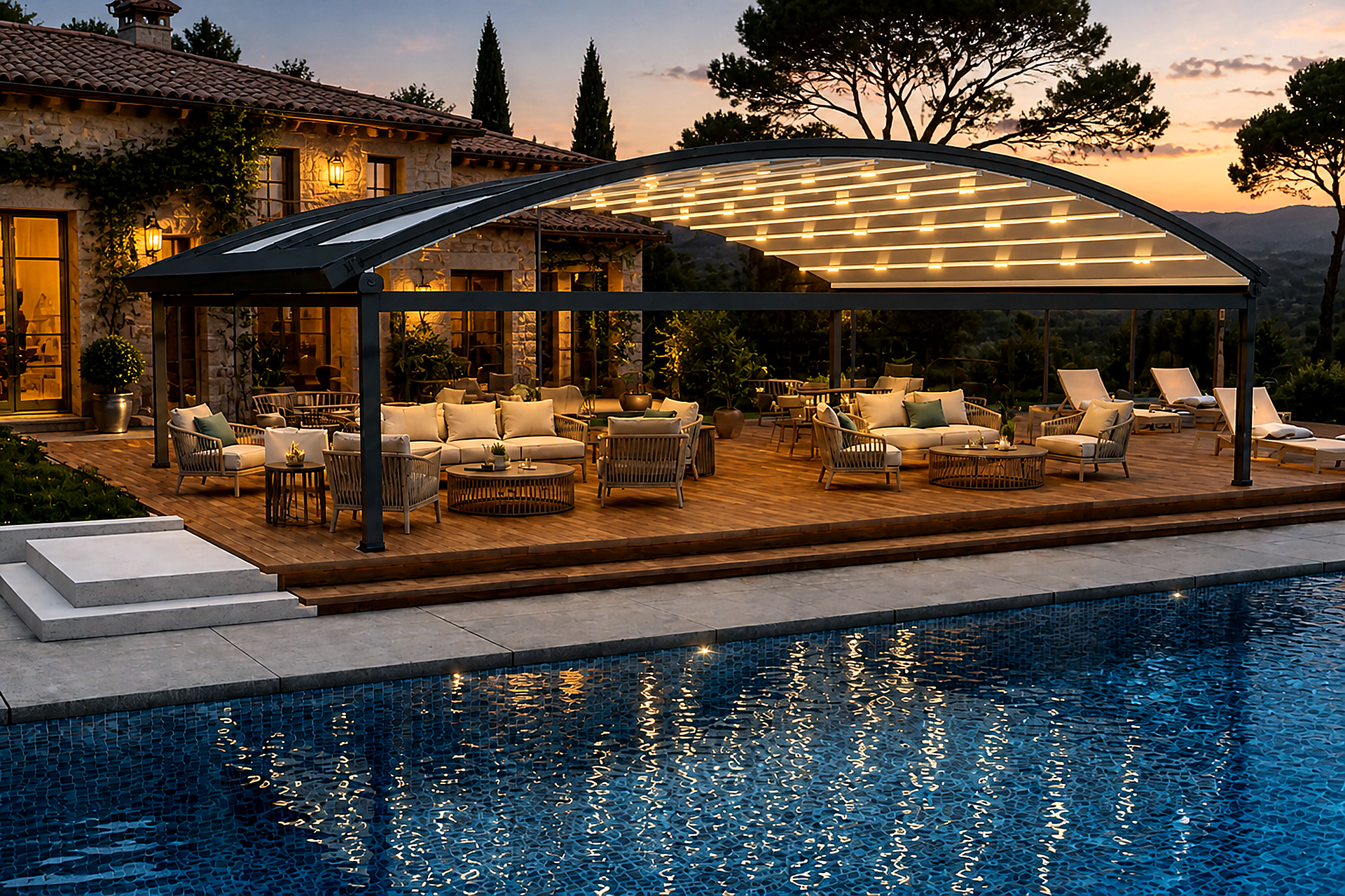 Pergola Solis Lux — LED’li kavisli pergola havuz kenarı uygulaması