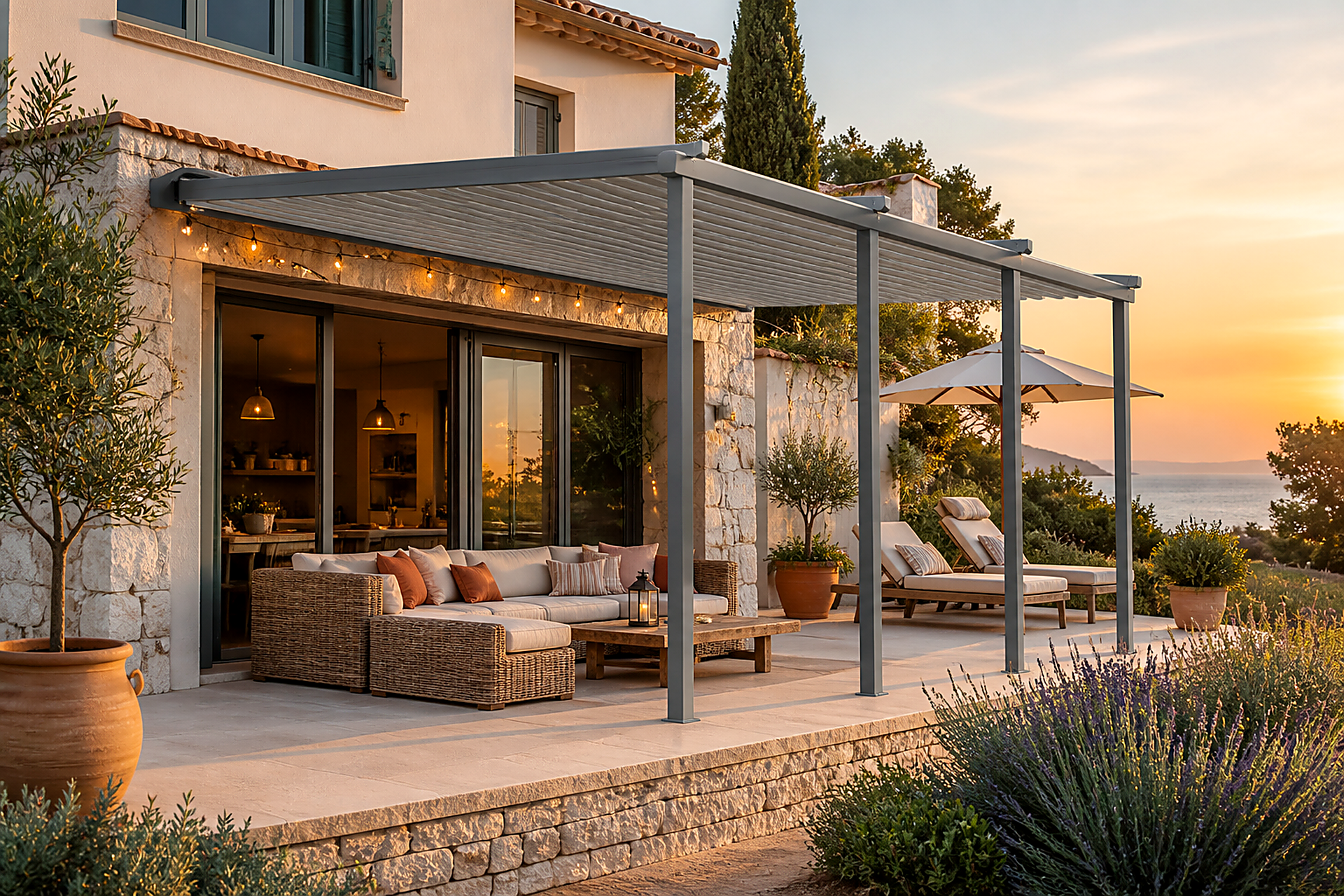 Pergola Luna — Akdeniz taş evinde teras pergola uygulaması