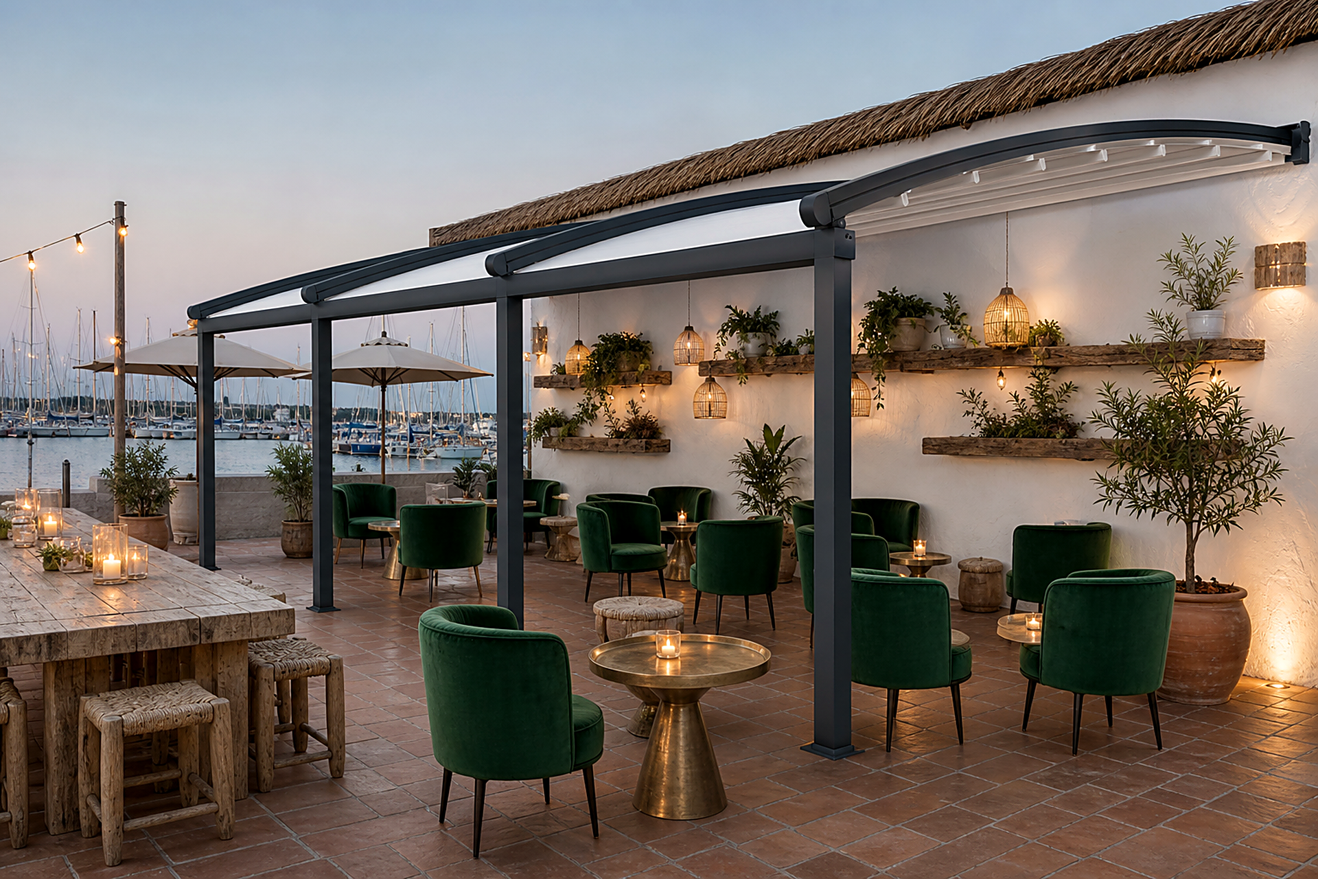 Pergola Nova — Marina manzaralı restoranda üçlü kavisli pergola