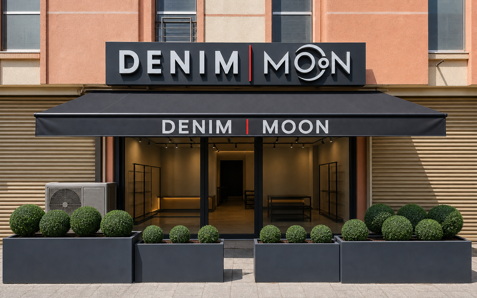 Mafsallı Tente — Denim Moon mağaza cephesi