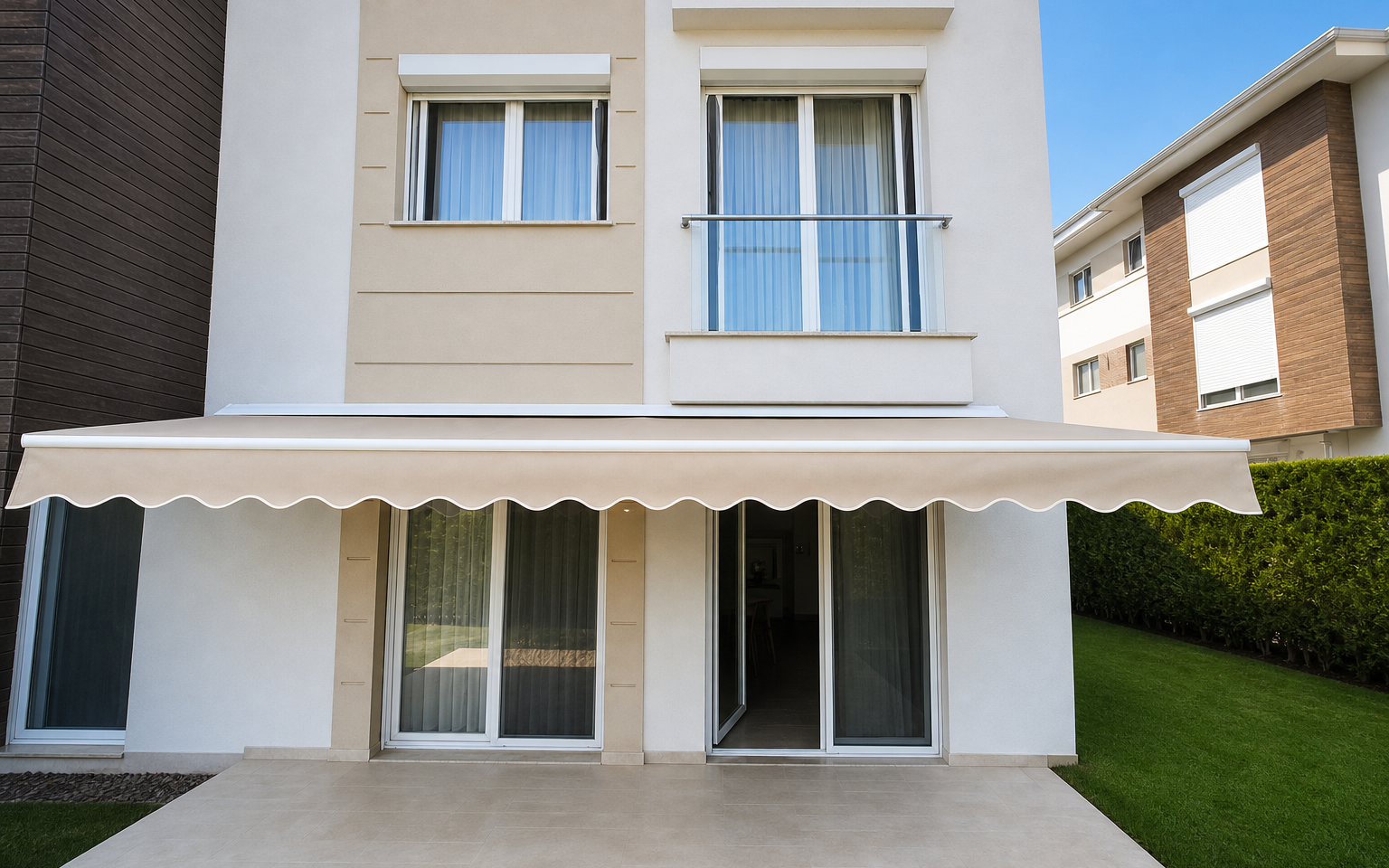 Mafsallı Tente — villa cephesi krem tente