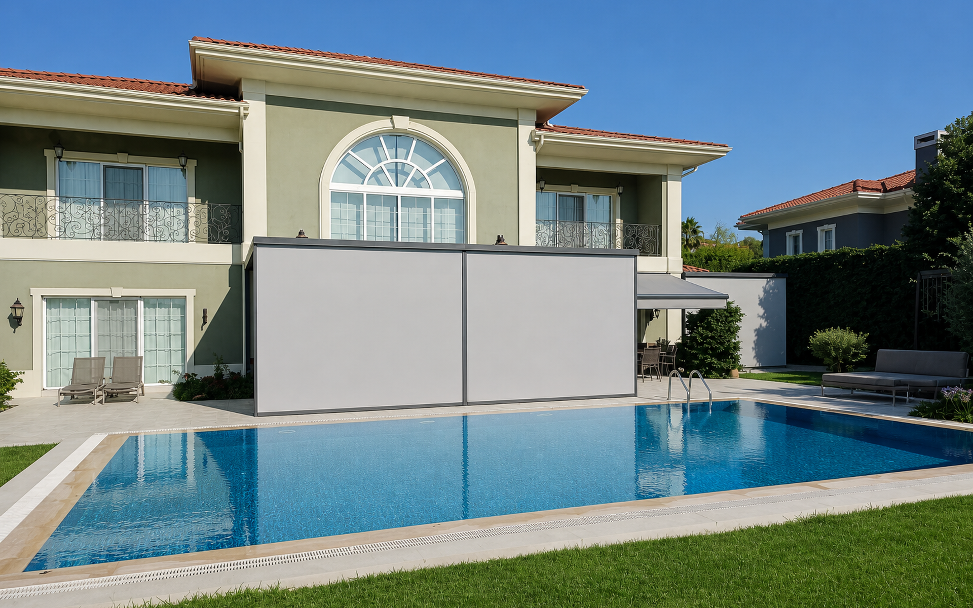 Villa havuz kenarı çift zip perde uygulaması